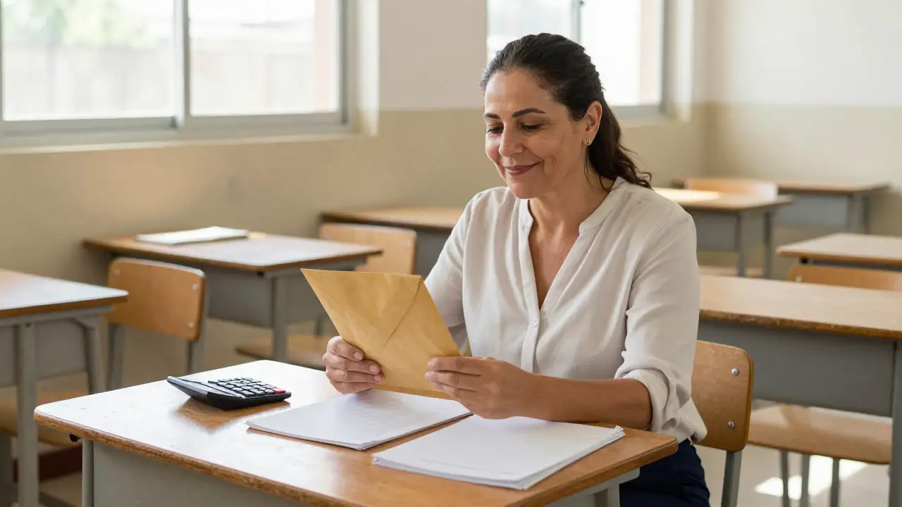 Ilustración generada con IA: Docente en su escritorio del aula mira un sobre cerrado con sonrisa suave.