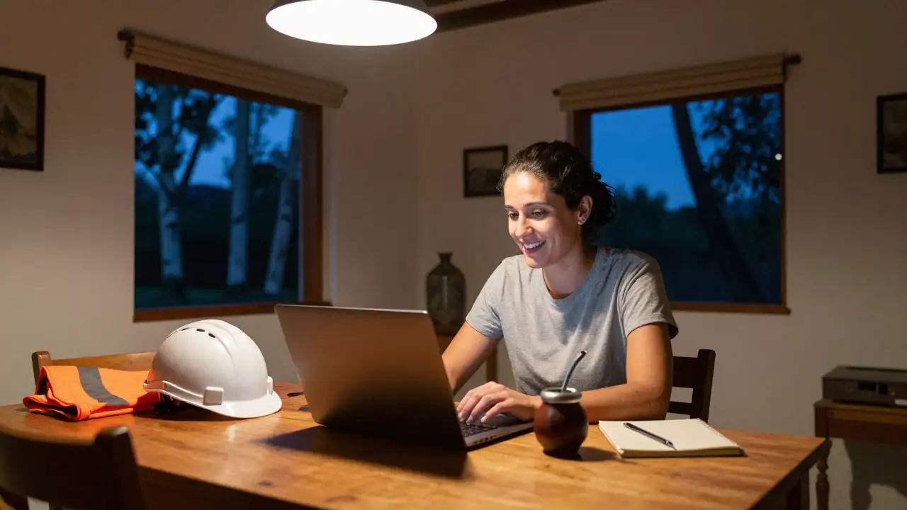Ilustración generada con IA: Mujer joven estudia en su casa con la laptop y un casco y chaleco de seguridad sobre la mesa.