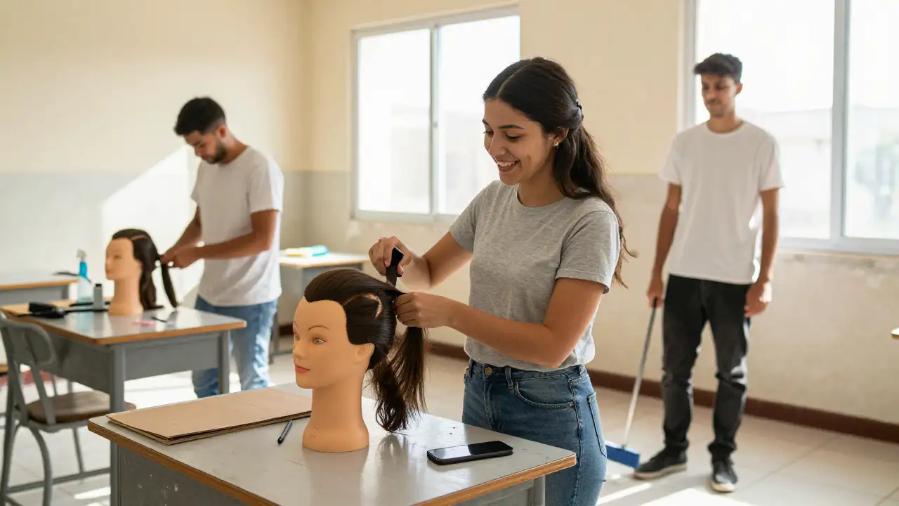 Ilustración generada con IA: Joven practica peluquería en un taller de formación profesional en San Juan.