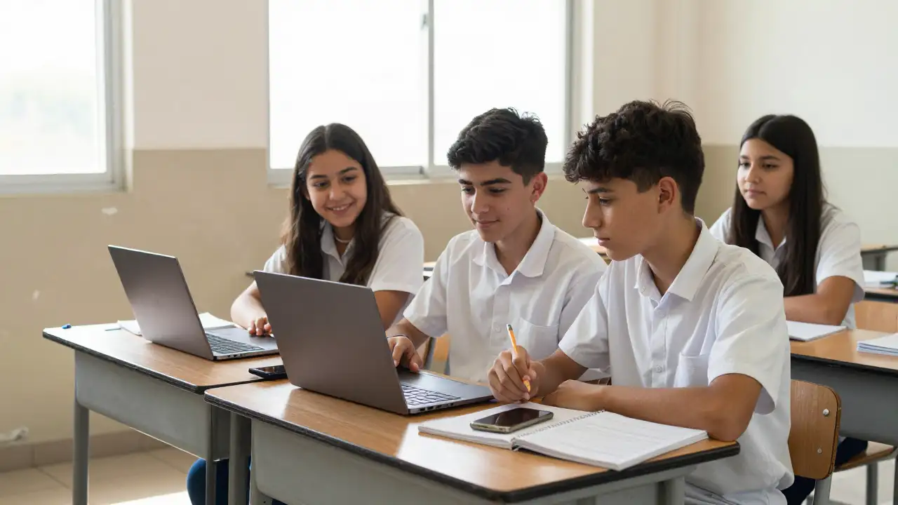 Ilustración generada con IA: Tres estudiantes secundarios en un aula miran una notebook cerrada junto a cuadernos.