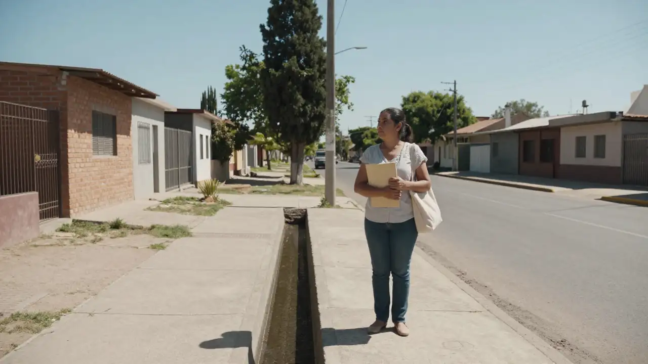 Ilustración generada con IA: Docente esperando en una calle vacía de San Juan con carpeta en mano.