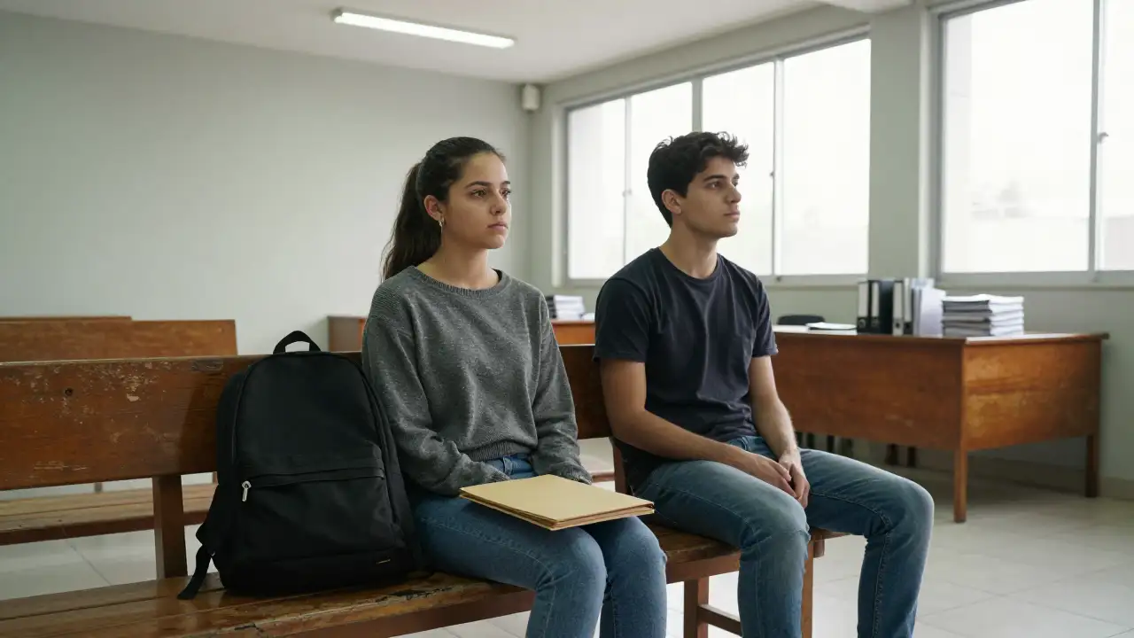Ilustración generada con IA: Dos estudiantes esperan sentados en una banca dentro de una oficina pública.