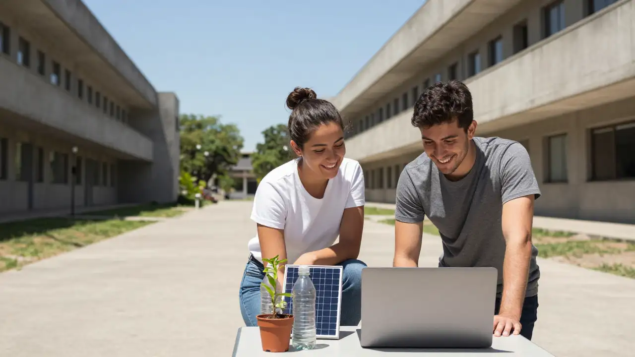 Ilustración generada con IA: Dos graduados de ingeniería con panel solar y plantines en la facultad.