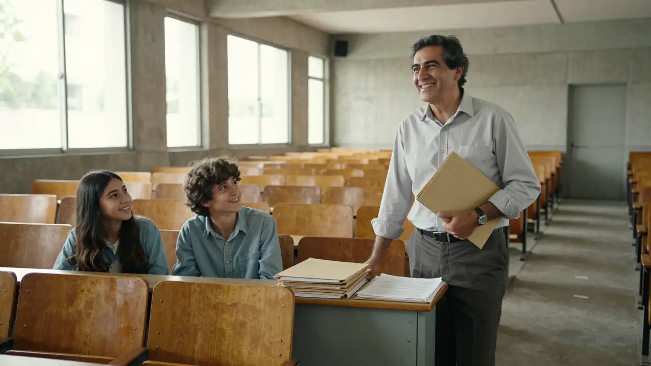 Ilustración generada con IA: Profesor sonriente con carpetas en un aula grande de universidad pública.