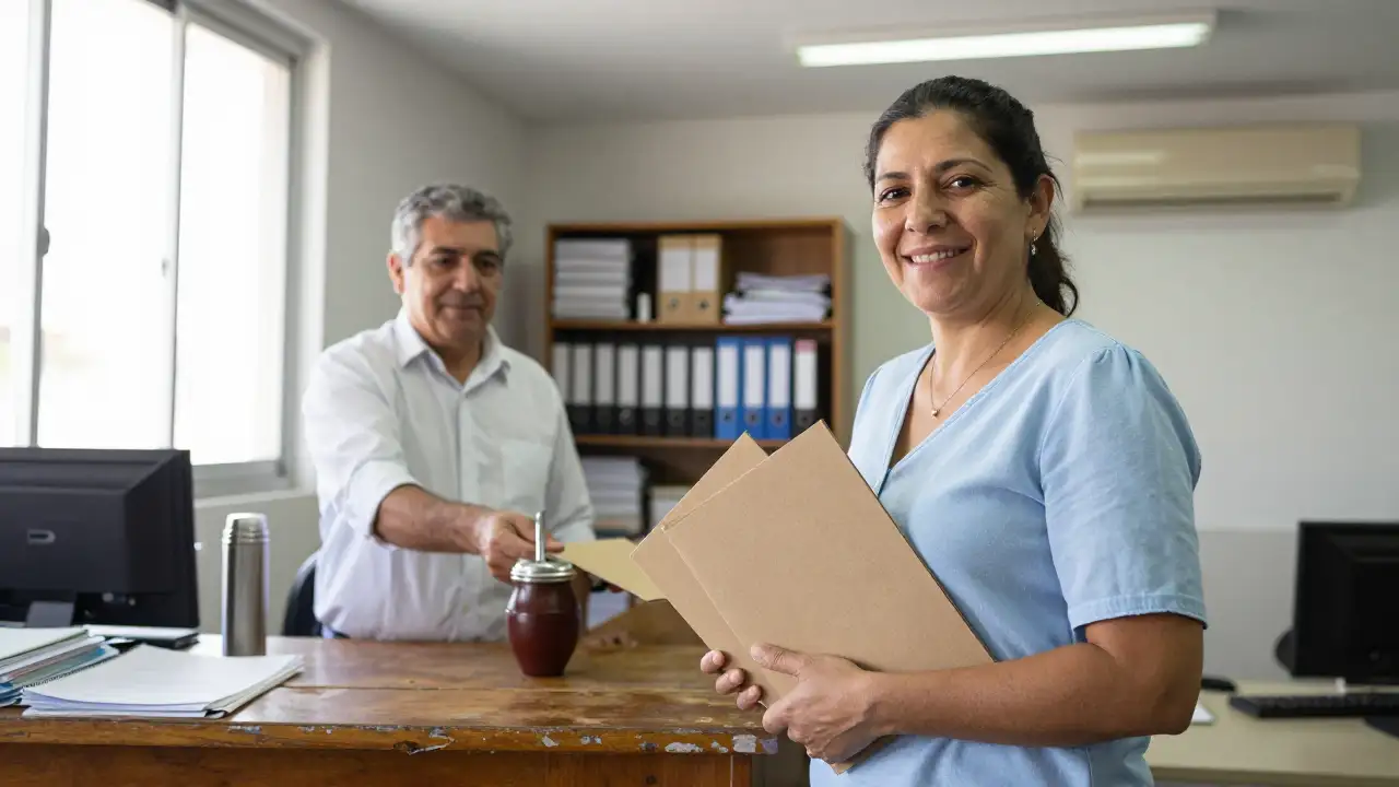 Ilustración generada con IA: Mujer entrega carpetas cerradas en una oficina administrativa de la UNSJ.