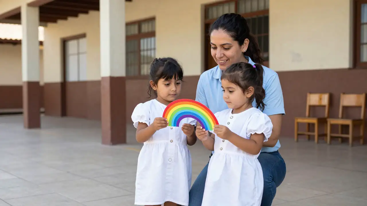 Ilustración generada con IA: Maestra con dos niños de jardín sosteniendo un arcoíris de papel en el patio de la escuela.