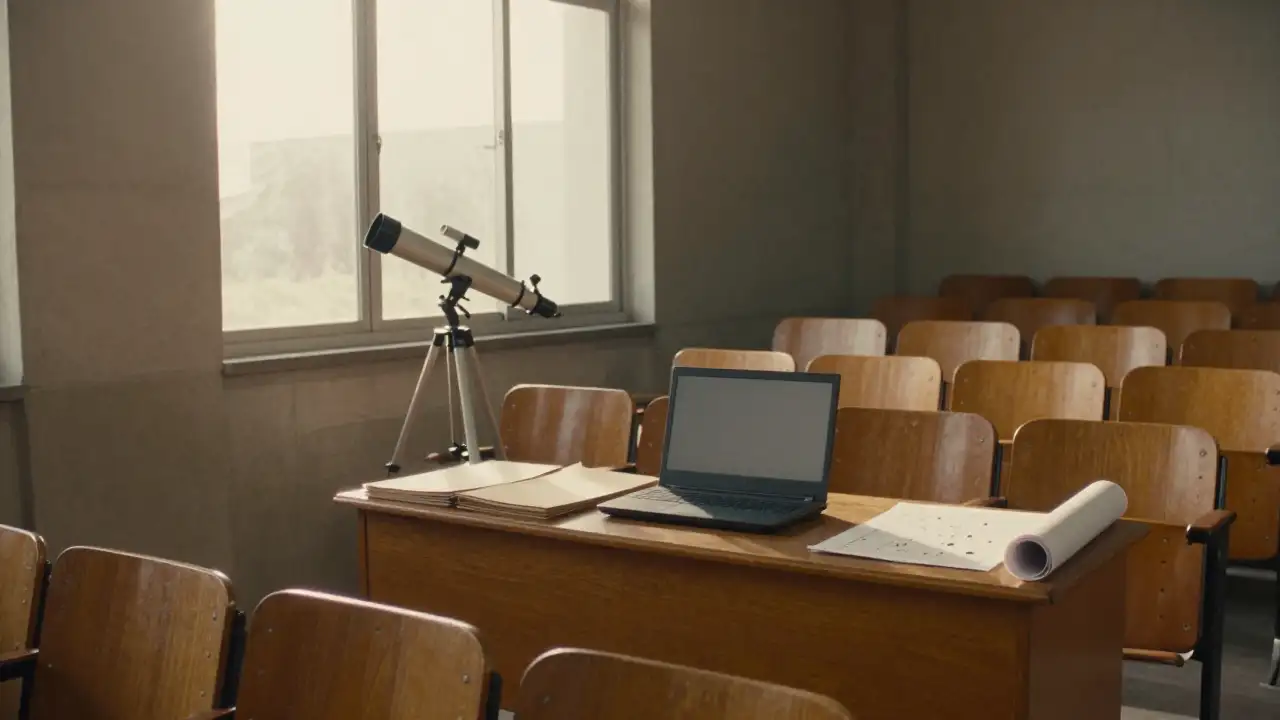 Ilustración generada con IA: Aula universitaria vacía con telescopio, carpetas y laptop sobre el escritorio junto a la ventana.