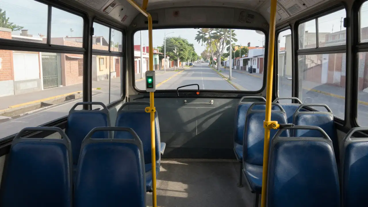 Ilustración generada con IA: Interior vacío de un colectivo urbano estacionado en una calle tranquila de San Juan.