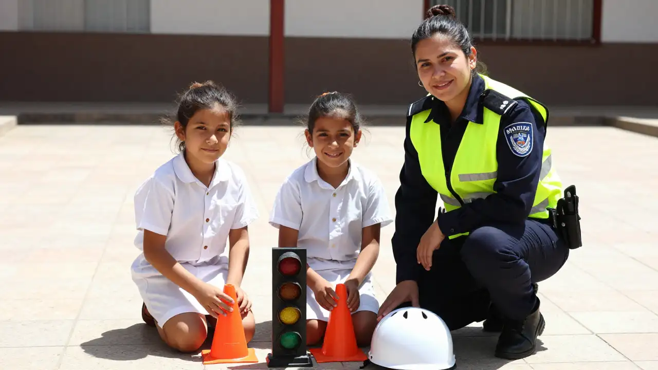 Ilustración generada con IA: Policía junto a dos escolares en patio con conos y semáforo de juguete apagado.