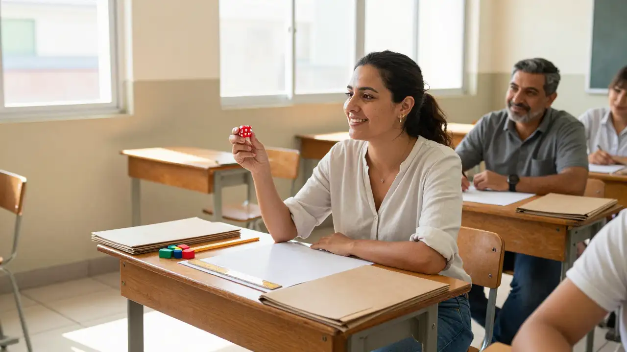 Ilustración generada con IA: Docentes en un taller de matemática en un aula sanjuanina.