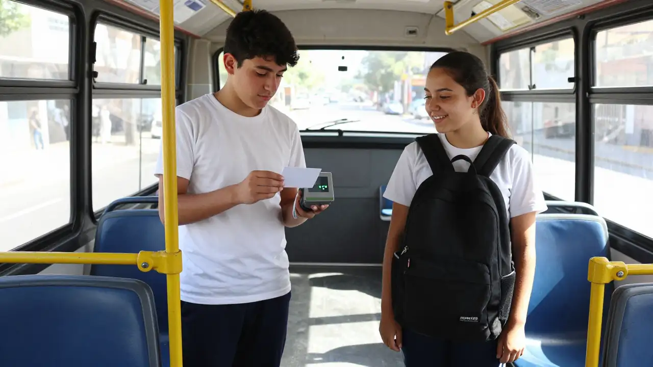 Ilustración generada con IA: Dos estudiantes secundarios viajan en colectivo urbano y apoyan la tarjeta en el lector.