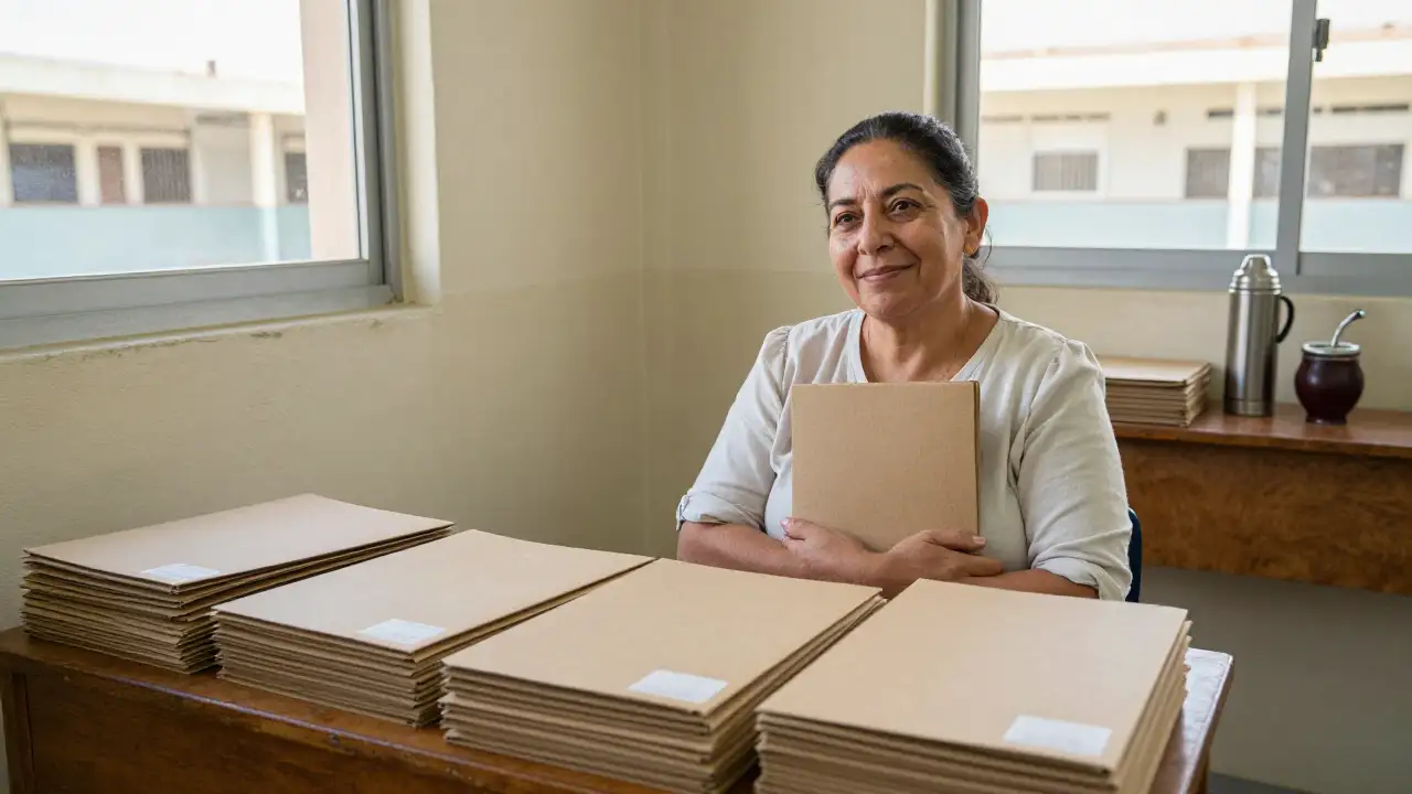 Ilustración generada con IA: Directora sonriendo en su oficina con carpetas cerradas sobre el escritorio.