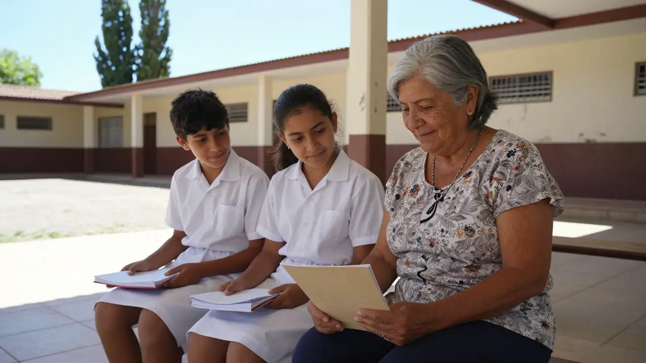Ilustración generada con IA: Escritora y dos alumnos con poemarios en el patio de una escuela de Caucete.