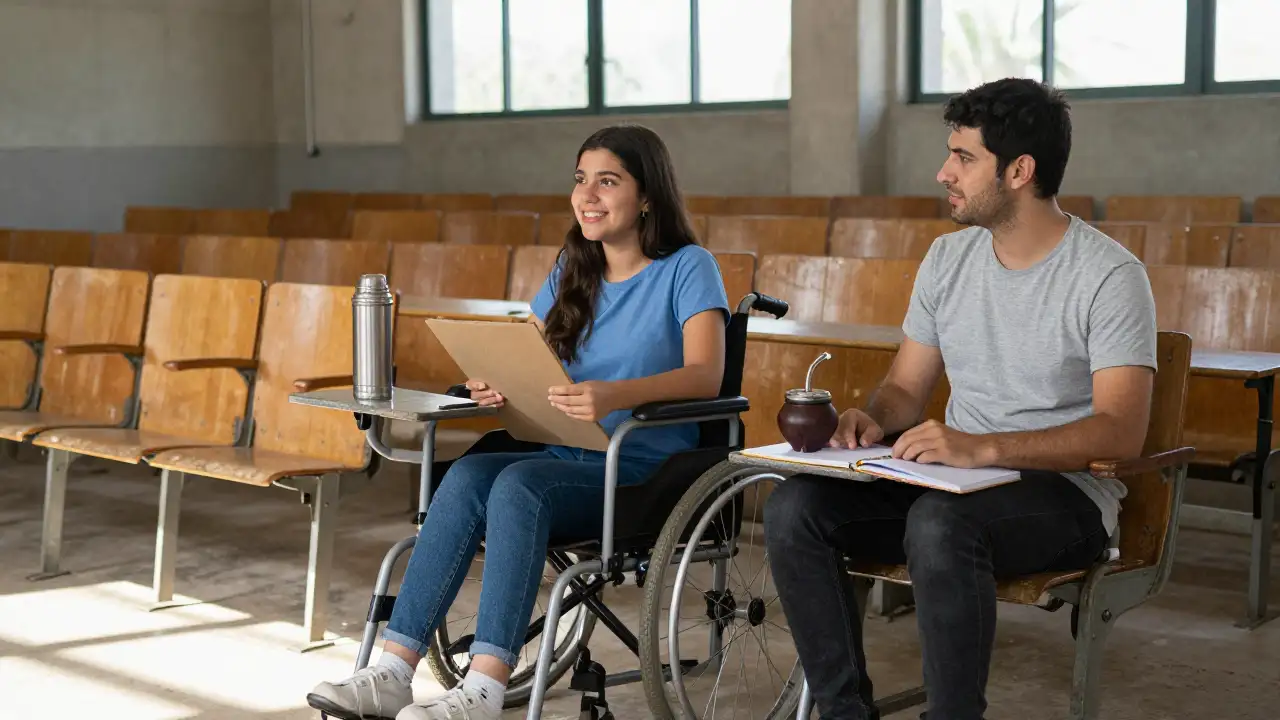Ilustración generada con IA: Estudiante en silla de ruedas conversando en un aula grande de la universidad.