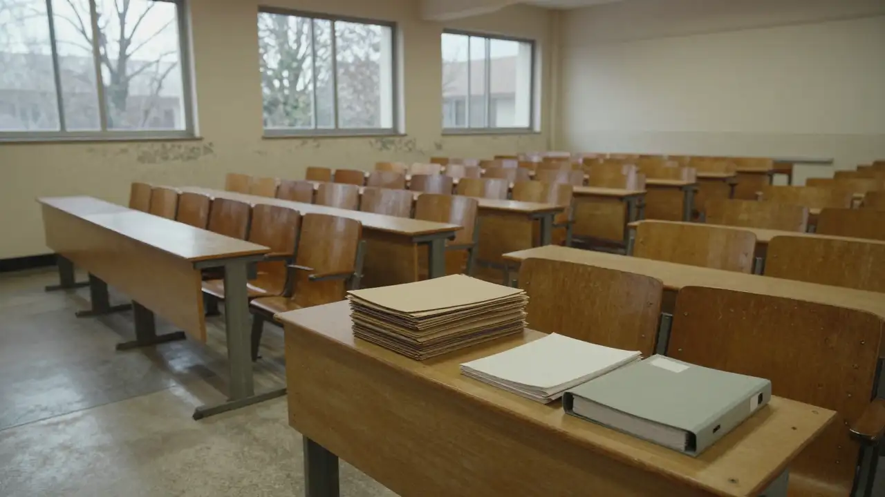 Ilustración generada con IA: Aula universitaria vacía con bancos de madera y carpetas cerradas sobre el escritorio.