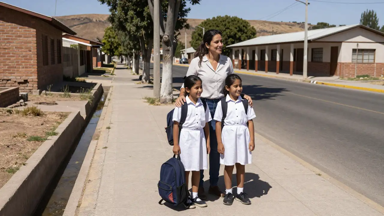 Ilustración generada con IA: Maestra con dos alumnos en guardapolvo junto a la Ruta 20 mirando la ruta.